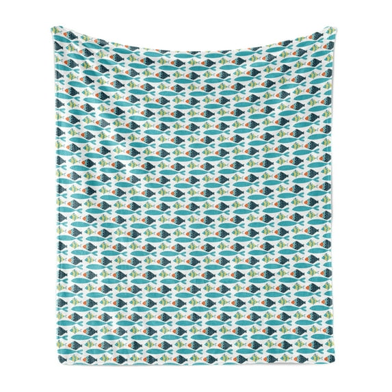 Scandinavian Soft Flannel Fleece Blanket, Nautical Composition with School of Fish Pattern Colorful Animals Dashed Lines, Cozy Plush for Indoor and Outdoor Use, 50" x 60", Multicolor, by Ambesonne