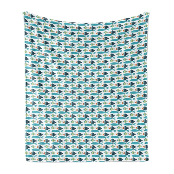 Scandinavian Soft Flannel Fleece Blanket, Nautical Composition with School of Fish Pattern Colorful Animals Dashed Lines, Cozy Plush for Indoor and Outdoor Use, 50" x 70", Multicolor, by Ambesonne