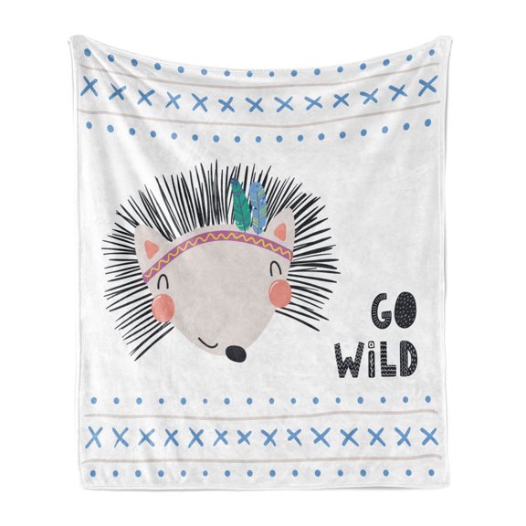 Scandinavian Soft Flannel Fleece Throw Blanket, Hand Drawn Hedgehog with Go Wild Lettering Words Tribal Feathers Design, Cozy Plush for Indoor and Outdoor Use, 50" x 70", Multicolor, by Ambesonne