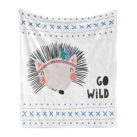 Scandinavian Soft Flannel Fleece Throw Blanket, Hand Drawn Hedgehog with Go Wild Lettering Words Tribal Feathers Design, Cozy Plush for Indoor and Outdoor Use, 70" x 90", Multicolor, by Ambesonne