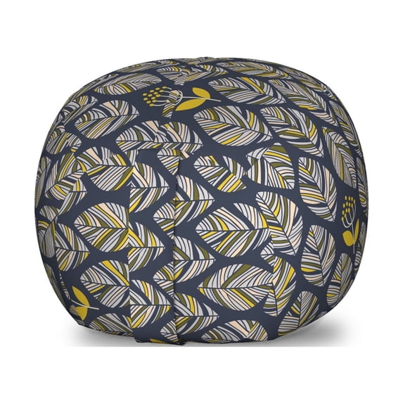 Scandinavian Storage Toy Bag Chair, Ornamental Arrangement of Leaves with Flowers Hand Drawn Nature, Stuffed Animal Organizer Washable Bag, Small Size, Night Blue and Yellow, by Ambesonne