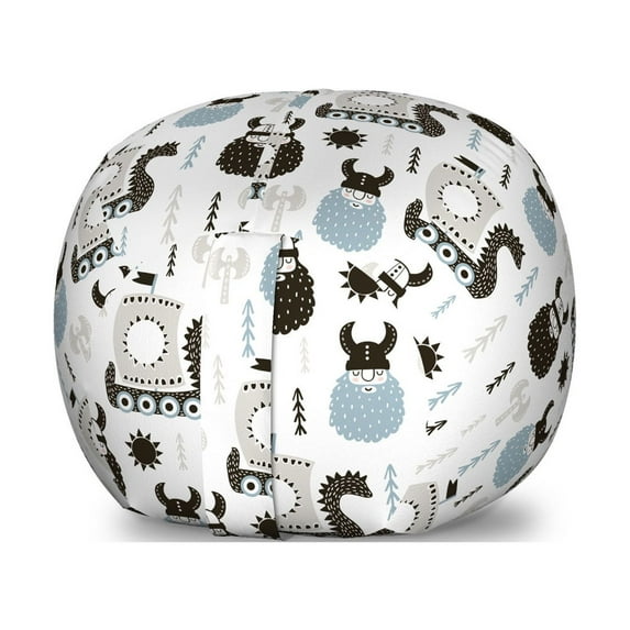 Scandinavian Storage Toy Bag Chair, Viking Longboat Design Cartoon Style Character Illustration, Stuffed Animal Organizer Washable Bag, Large Size, Black Pale Blue Grey, by Ambesonne