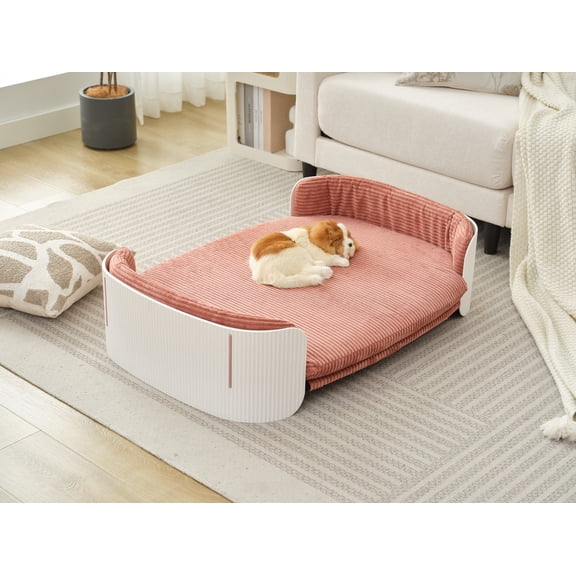Scandinavian Style Cat Couch Bed, Pet Sofa for Indoor Cats PP Indoor Pet Furniture Elevated Cat Beds with Removable Mattress Cover Suitable for Mid or Large Animal Brand Design White+Pink