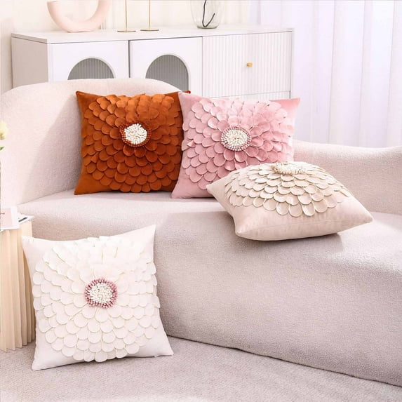 Scandinavian Style Decorative Pillow Cover | Solid Color and Leaf Print | Soft Polyester Cotton Cushion Cover | Removable | 17.7x17.7in | White Khaki Orange Pink | 1 Pack