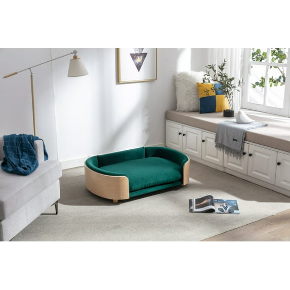 Dog Beds Scandinavian style Elevated Dog Bed Pet Sofa With Solid Wood legs and Bent Wood Back, Velvet Cushion,Large Size,Cat Beds