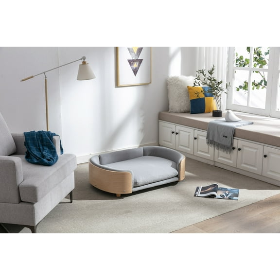 Dog Beds Scandinavian style Elevated Dog Bed Pet Sofa With Solid Wood legs and Bent Wood Back, Velvet Cushion,Large Size,Cat Beds