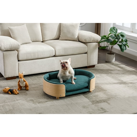 Dog Beds Scandinavian style Elevated Dog Bed Pet Sofa With Solid Wood legs and Bent Wood Back, Velvet Cushion,Mid Size,Dark green,Cat Beds