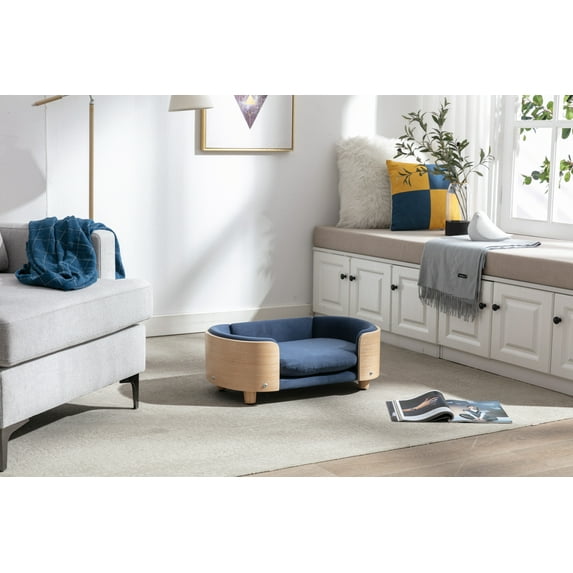 Dog Beds Scandinavian style Elevated Dog Bed Pet Sofa With Solid Wood legs and Bent Wood Back, Velvet Cushion,Small Size,Cat Beds