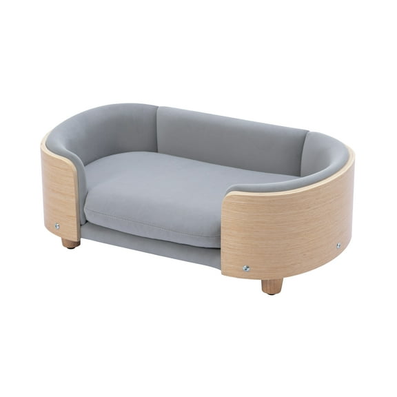 Scandinavian Style Elevated Dog Bed & Pet Sofa, Solid Wood Legs with Curved Bentwood Backrest, Velvet Cushion, Small Size