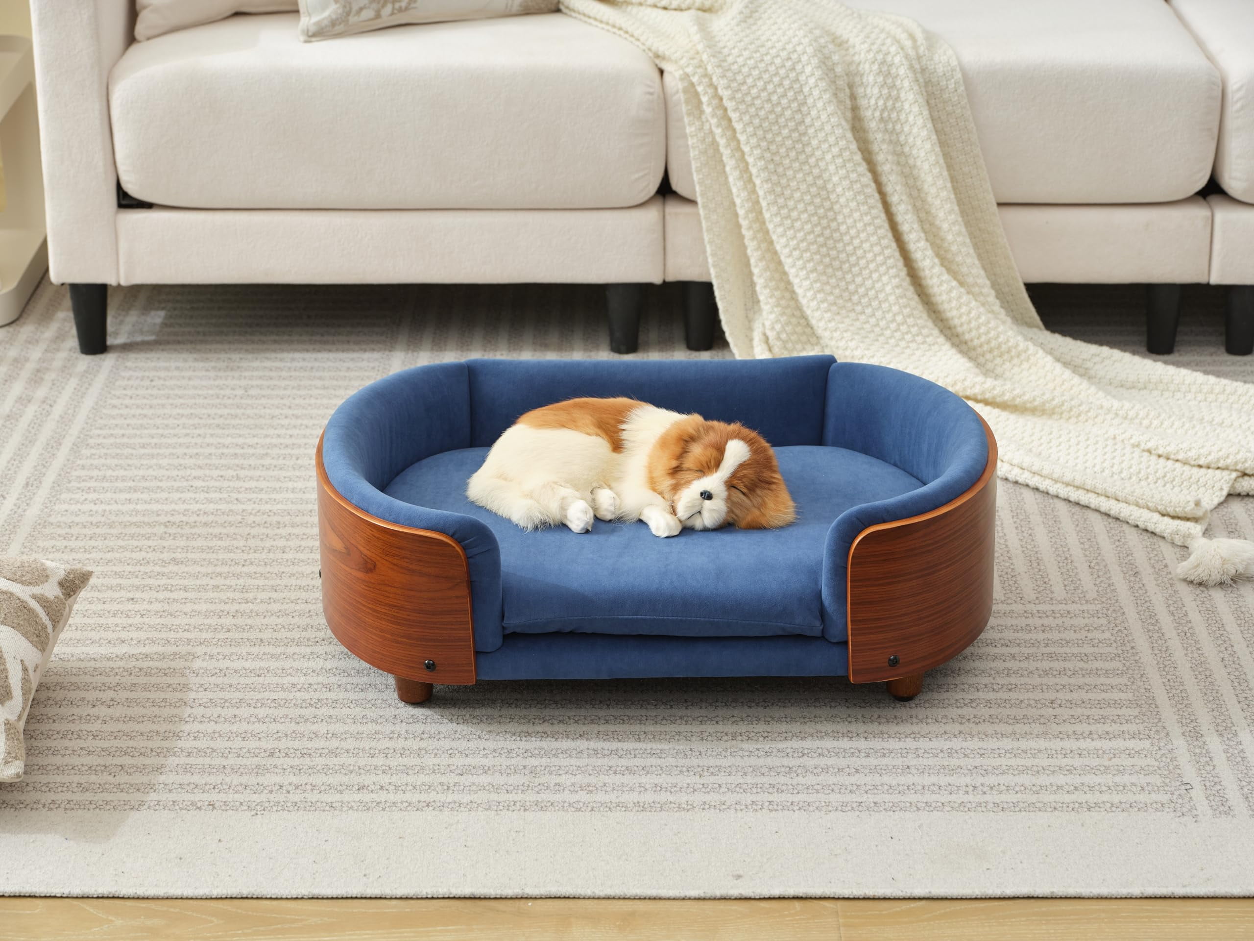 Scandinavian Style Elevated Dog Bed Pet Sofa with Solid Wood Legs and Bent Wood Back, Velvet Cushion, Small Size, Walnut Frame & Dark Blue Cushion