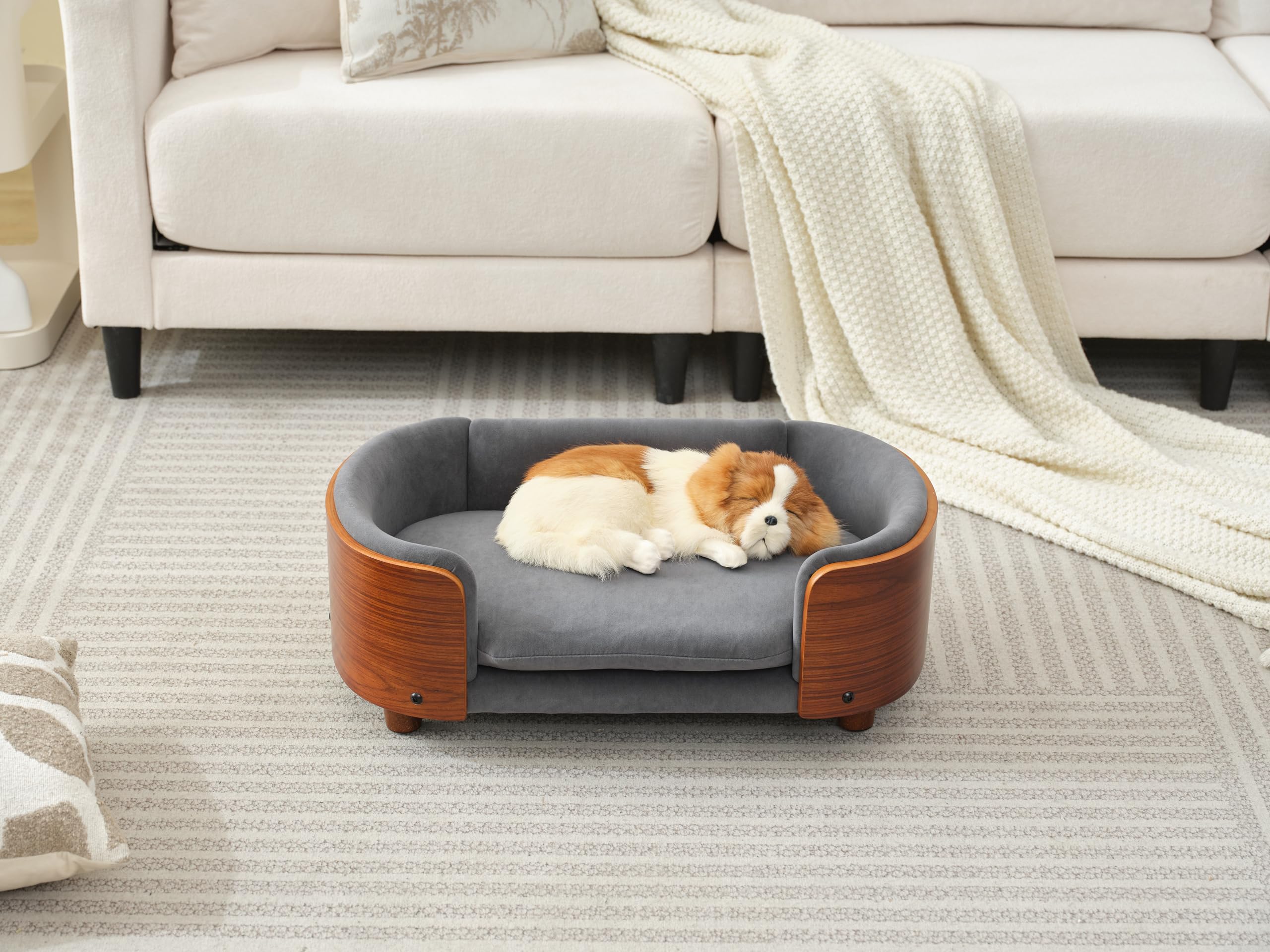 Scandinavian Style Elevated Dog Bed Pet Sofa with Solid Wood Legs and Bent Wood Back, Velvet Cushion, Small Size, Walnut Frame & Dark Grey Cushion