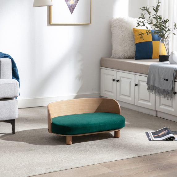 Scandinavian Style Elevated Dog Bed Pet Sofa with Solid Wood Legs and Bent Wood Back, Velvet Cushion, Walnut