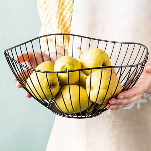 Scandinavian Style Iron Fruit Basket - Rustic Farmhouse Kitchen Organizer with Rattan Accents - Decorative Storage for Dining Room Centerpiece