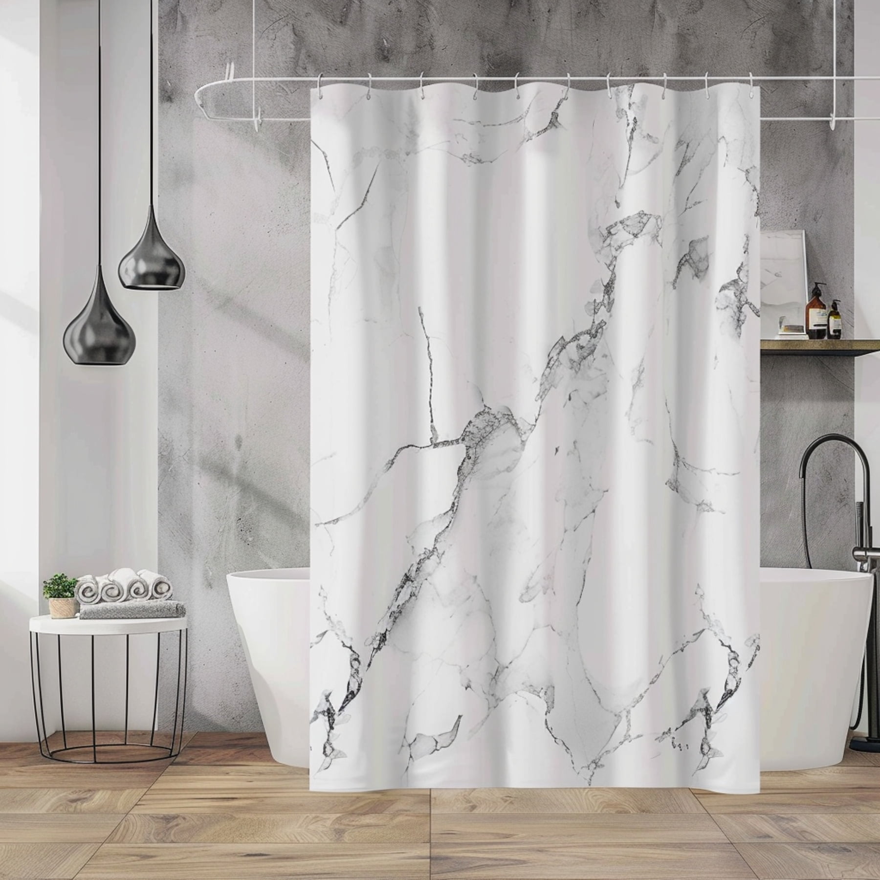 Scandinavian Style Marble Texture Bathroom Curtain White with Gray ...