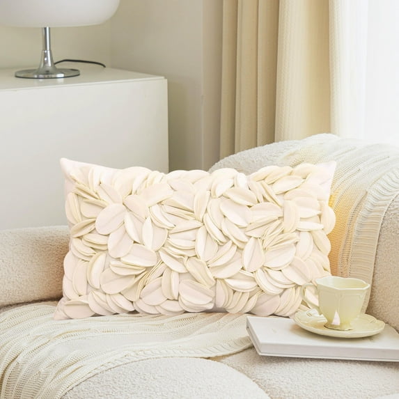 Scandinavian Style Solid Color Decorative Pillow Cover | Leaf Print Soft Polyester Cushion Cover | Removable Washable | 30x50cm | Sofa Bedroom Home Decor | White Yellow Orange