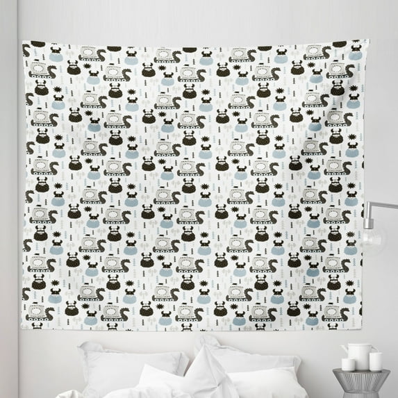 Scandinavian Tapestry, Viking Longboat Design Cartoon Style Character Illustration, Fabric Wall Hanging Decor for Bedroom Living Room Dorm, 5 Sizes, Black Pale Blue Grey, by Ambesonne