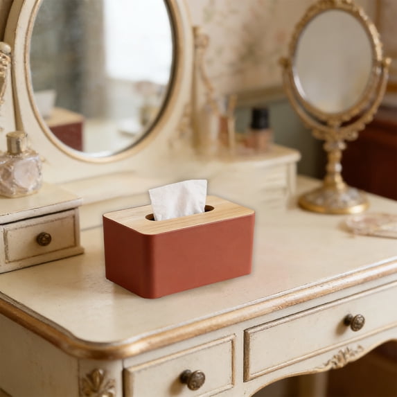 Scandinavian Tissue Box Cover with Natural Wood Lid, Modern Transparent Rectangular Facial Tissue Holder for Living Room, Bathroom and Office Desk, Stylish Napkin Dispenser Bin