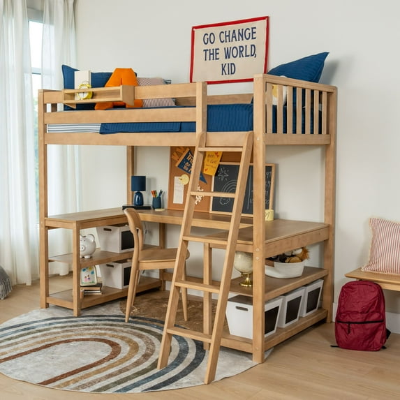 Scandinavian Twin Loft Bed with Wraparound Desk & Shelves, Blonde