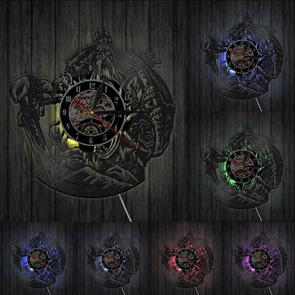 Scandinavian mythology God OdinViking Warrior With Sword And Shield Decorative Wall Clock Barbarian Warrior Vinyl Record Clock With LED
