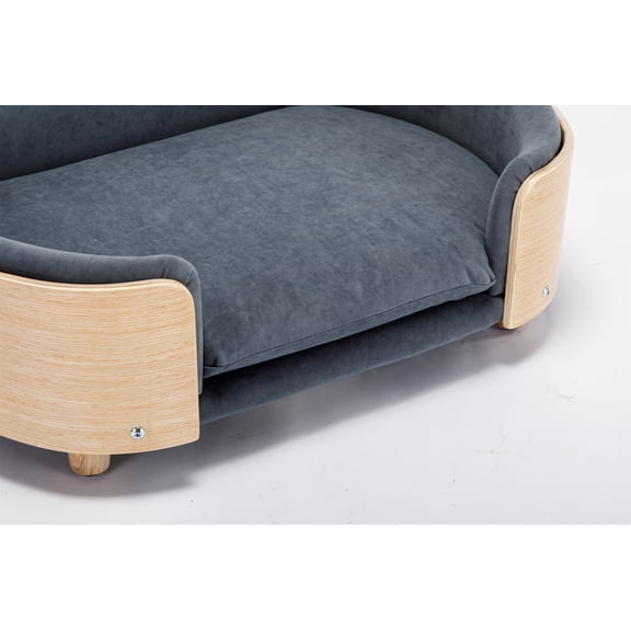 Scandinavian style Elevated Dog Bed Pet Sofa With Solid Wood legs and Bent Wood Back, Velvet Cushion,Mid Size,Dark Grey