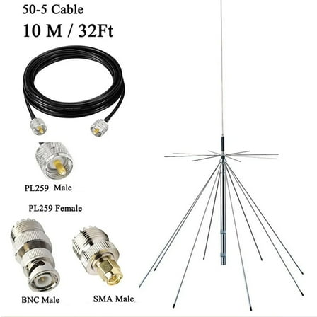 Scanner Antenna/Diamond Discone Antenna/GMRS Antenna with 10meter Cable PL-259 SMA, 25~1300 MHz Reception Range