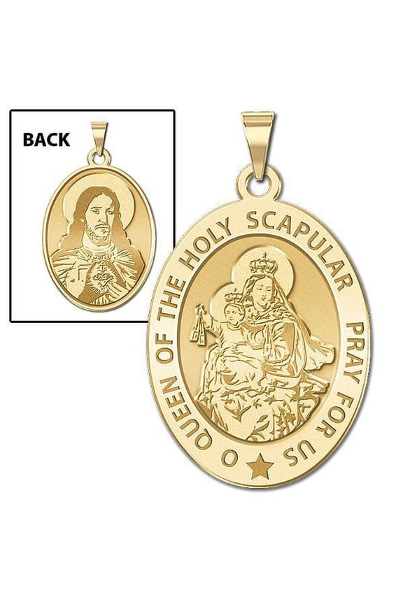 Scapular Religious Medal OVAL - 2/3 x 3/4 inch Size of Nickel, Solid 14K Yellow Gold