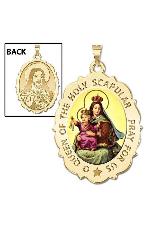 Scapular Religious Medal Scalloped OVAL Color - 1/2 X 2/3 Inch in 14k Yellow Gold- Size of a Dime