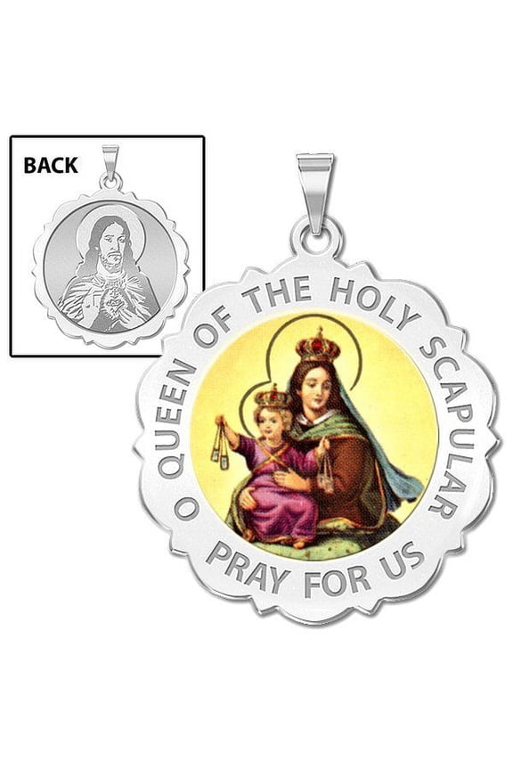 Scapular Scalloped Round Religious Medal Color - 2/3 Inch Size of Dime, Solid 14K White Gold
