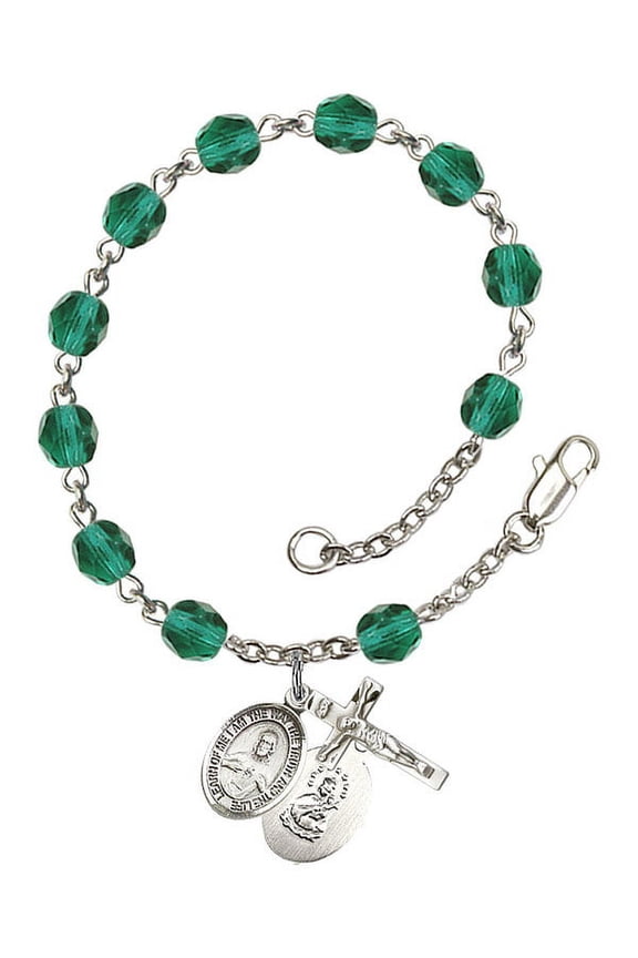 Scapular Silver Plate Rosary Bracelet 6mm December Blue Fire Polished Beads Crucifix Size 5/8 x 1/4 medal charm