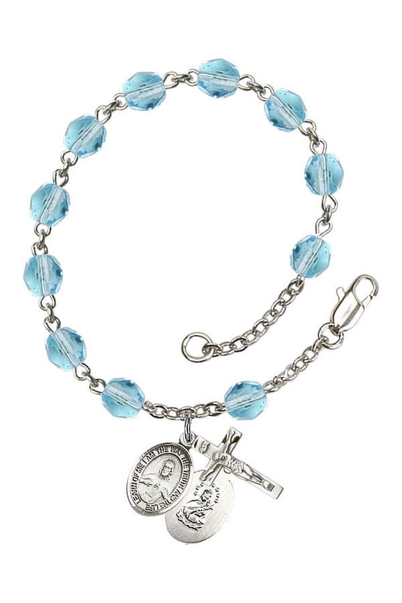 Scapular Silver Plate Rosary Bracelet 6mm March Light Blue Fire Polished Beads Crucifix Size 5/8 x 1/4 medal charm