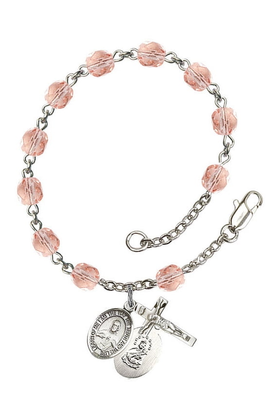 Scapular Silver Plate Rosary Bracelet 6mm October Pink Fire Polished Beads Crucifix Size 5/8 x 1/4 medal charm