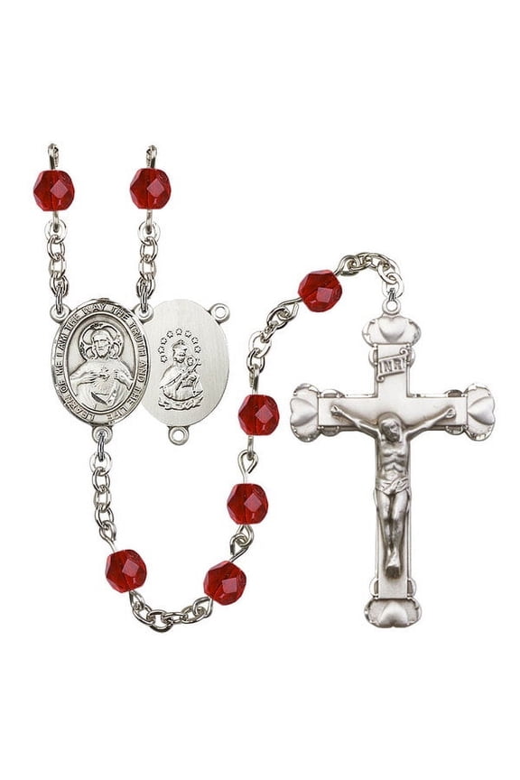 Scapular Silver-Plated Rosary 6mm July Red Fire Polished Beads Crucifix Size 1 5/8 x 1 medal charm