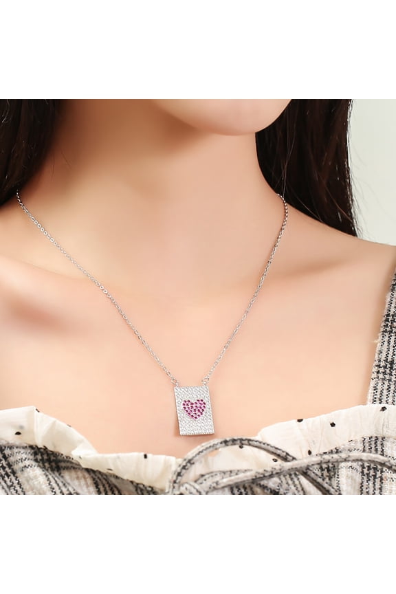 Scapular Style Necklace, Rectangular Pendant With Green Crystal Heart, Gold-Colored Finish, Lovers Party Jewelry