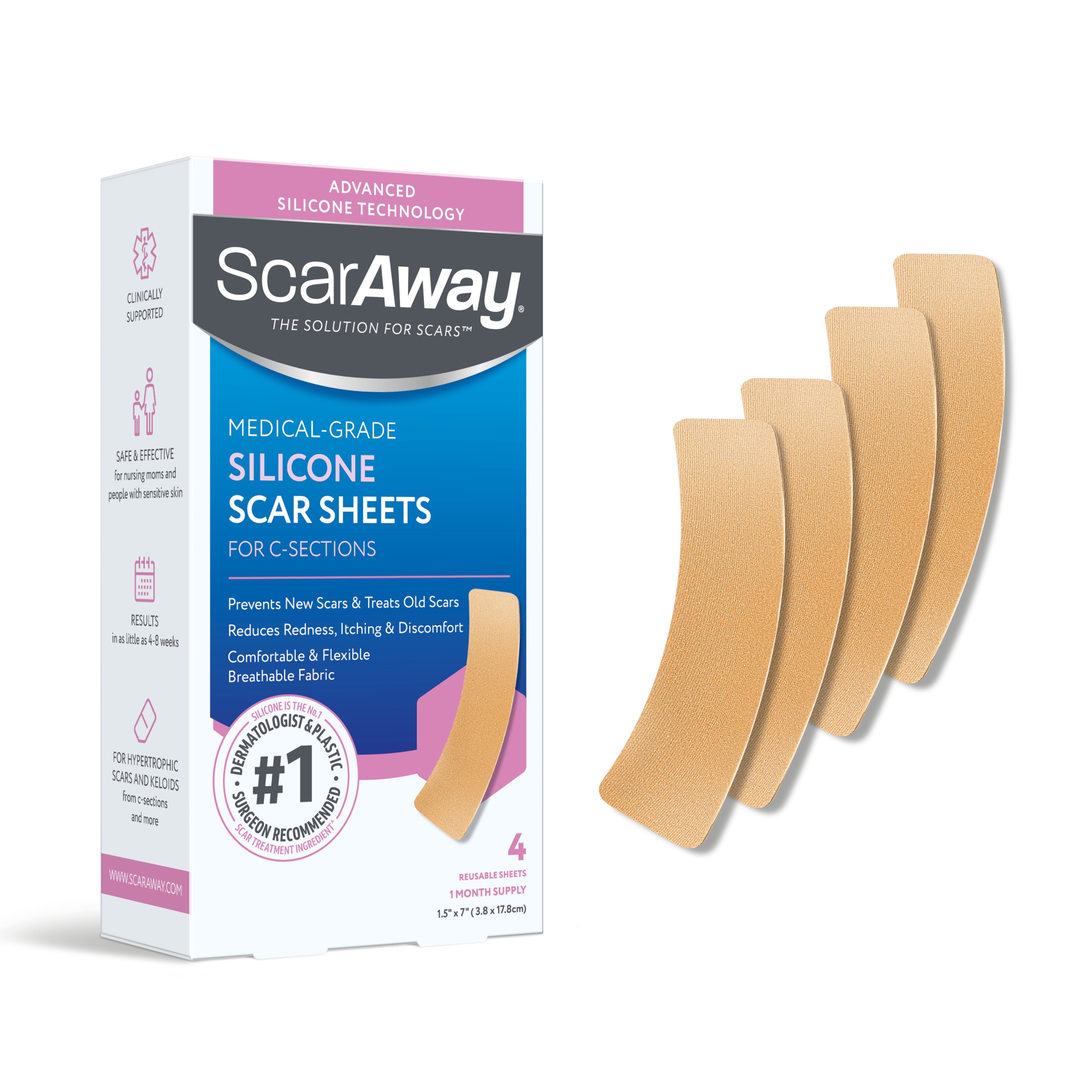 ScarAway Advanced Skincare Silicone Scar Sheets for C-Section, Reusable Sheets (1.5 x 7) for Hypertrophic and Keloid Scars from C-Section \u0026 Other Surgeries, 4 Sheets