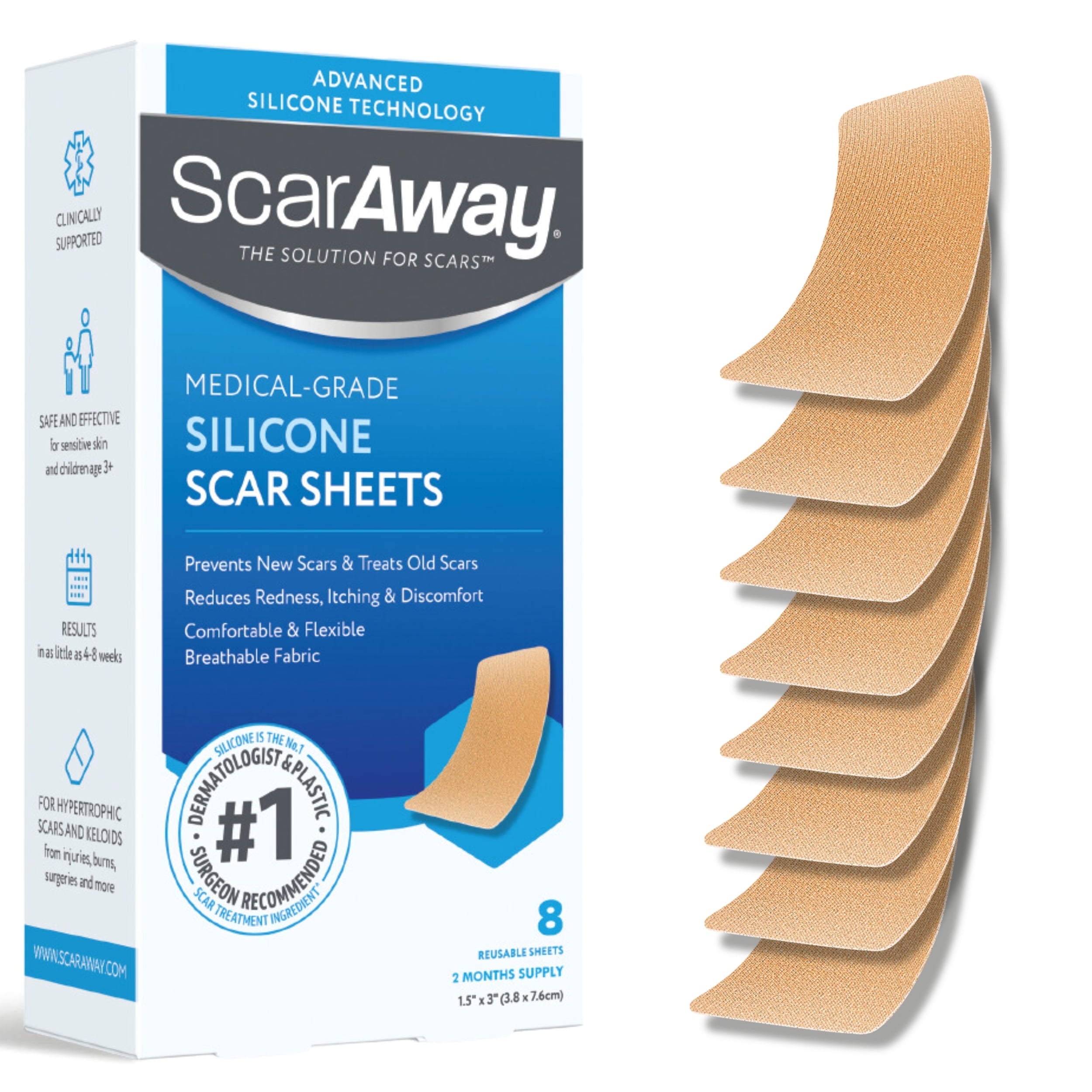 ScarAway Advanced Skincare Silicone Scar Sheets, Scar Treatment, 8 Tan Reusable Sheets