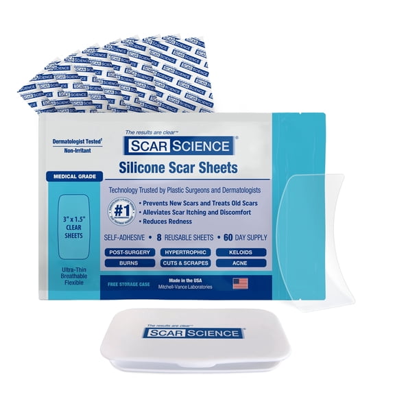 ScarScience Medical Grade Silicone Scar Sheets, Reusable Gel Sheets with Case for Healing 3", 8 Pk