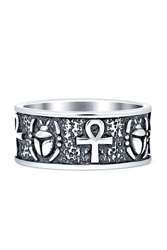 Scarab Ankh Ring Oxidized Band 925 Sterling Silver size 12