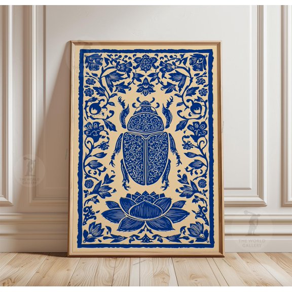 Scarab Beetle Lotus Poster, Egyptian Inspired Botanical, Art Deco Insect Wall Art Print, Poster Only