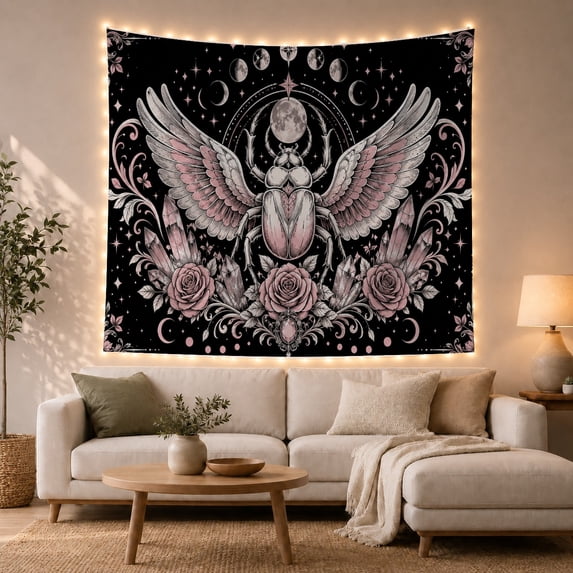 Scarab Beetle and Moon Phases Against a Starry Sky, Mystical Gothic Art for Dark Art Lovers, Celestial Wall Decor Halloween Gift Tapestry Wall Hanging for Bedroom and Living Room