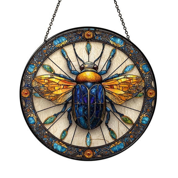 Scarab Beetle Stained Glass Suncatcher, Insect Inspired Window Hanging Art, Ancient Style Decorative Glass Panel Ornament, Nature Collector Gift