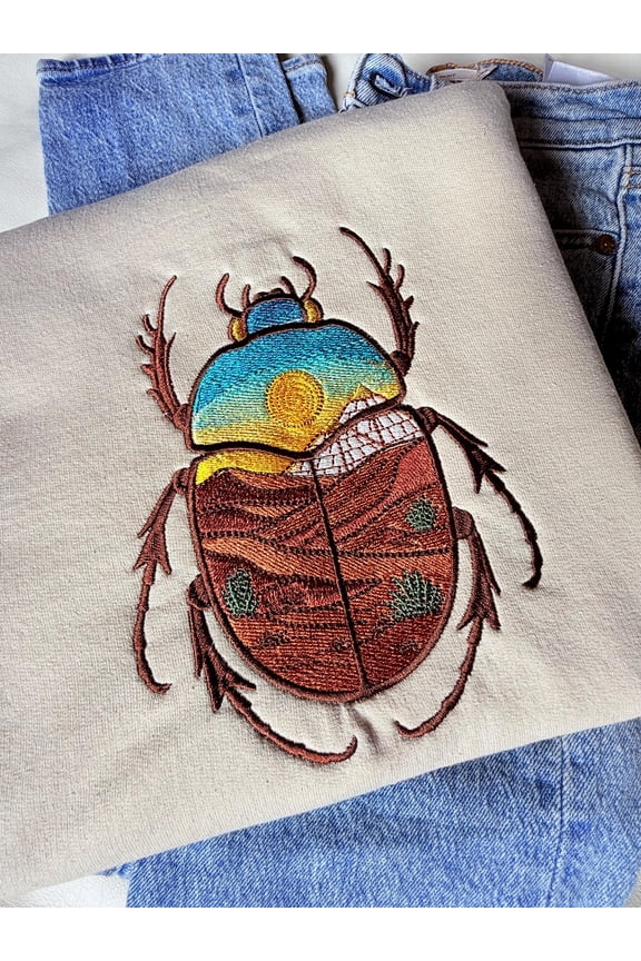 Scarab Egyptian Desert Scene Embroidered Crewneck: Nature Cotton Sweater