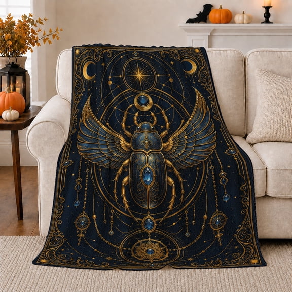 Scarab Sunburst Moons Mystical Egyptian Celestial, Festive autumn celebration Scene, Warm Flannel Blanket for Living Room and Family Room, Art Lovers autumn celebration Gift, Festive Home Decor