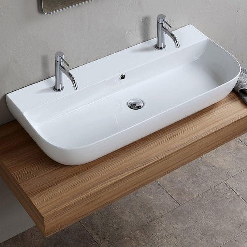 Glossy White Ceramic Wall-Mount Rectangular Bathroom Sink