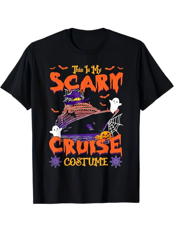 This Is My Scare Cruise Costume Funny Halloween Graphic Tee for Men Women, Ship Ghost Bat Short Sleeve T-Shirt, Casual Crew Neck Top for Cruise Lover Gift