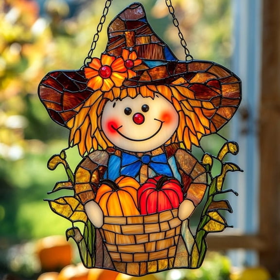 Scarecrow Acrylic Suncatcher, Pumpkin Harvest Faux Stained Glass, Fall Window Hanging, Rustic Farmhouse Gift