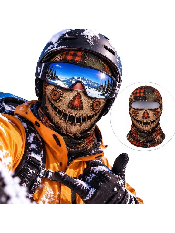 Scarecrow Balaclava Ski Mask, Burlap Patchwork Full Face Cover, Halloween Hood for Skiing Snowboarding Outdoor Winter