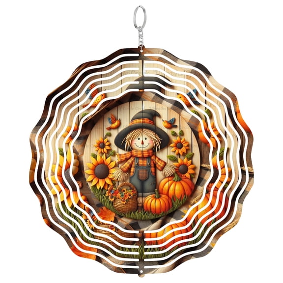 Scarecrow Boy Fall Plaid Pumpkins 3D Wind Spinner, UV Printed Tinplate, Farmhouse Autumn Decor, Harvest Gift, Ro