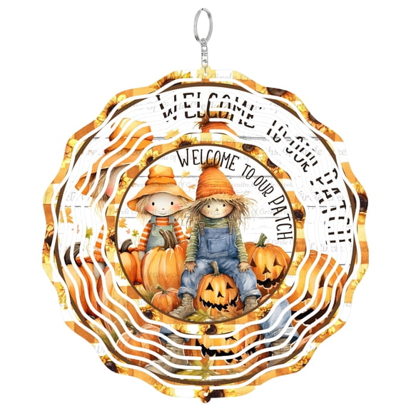 Scarecrow Couple Welcome To Our Patch 3D Wind Spinner, UV Printed Tinplate, Fall Sunflower Decor, Autumn Gift, R