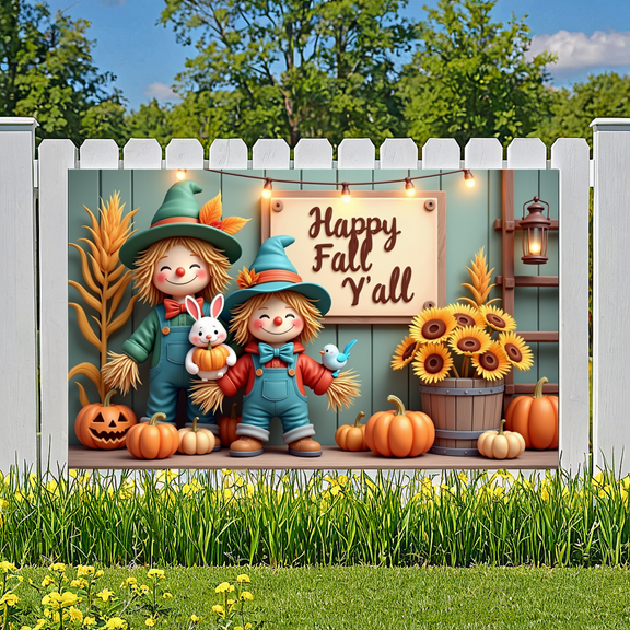 Scarecrow Decoration Happy Fall Y'all Pumpkin Display Wooden Background for Autumn Festival Thanksgiving Harvest Festive Event