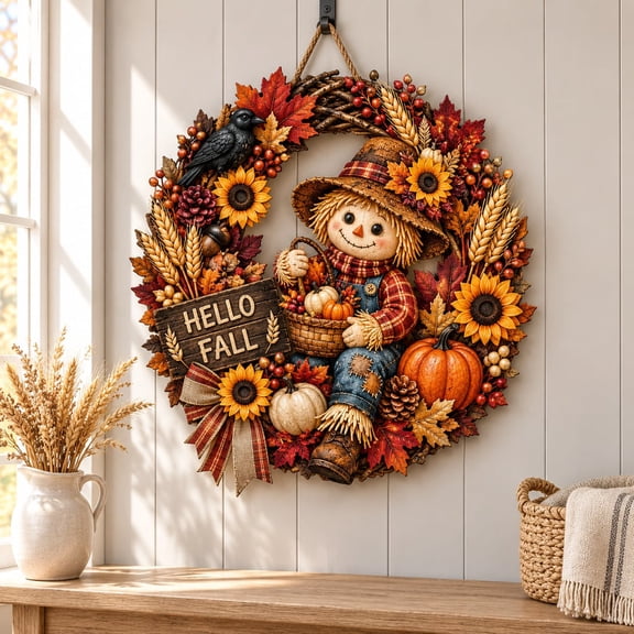 Scarecrow Door Hanger Autumn Sunflower Pumpkin Wooden Door Decor Thanksgiving